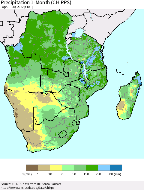 Southern Africa Precipitation 1-Month (CHIRPS) Thematic Map For 4/1/2022 - 4/30/2022