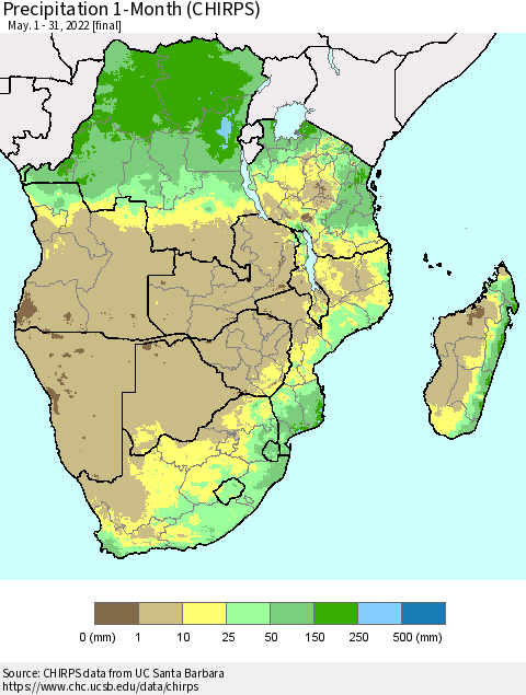 Southern Africa Precipitation 1-Month (CHIRPS) Thematic Map For 5/1/2022 - 5/31/2022