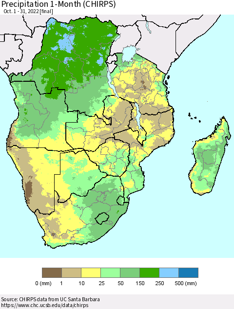 Southern Africa Precipitation 1-Month (CHIRPS) Thematic Map For 10/1/2022 - 10/31/2022