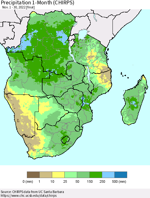 Southern Africa Precipitation 1-Month (CHIRPS) Thematic Map For 11/1/2022 - 11/30/2022