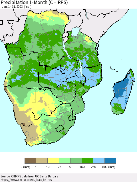 Southern Africa Precipitation 1-Month (CHIRPS) Thematic Map For 1/1/2023 - 1/31/2023