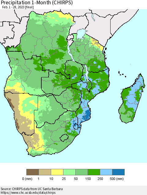 Southern Africa Precipitation 1-Month (CHIRPS) Thematic Map For 2/1/2023 - 2/28/2023