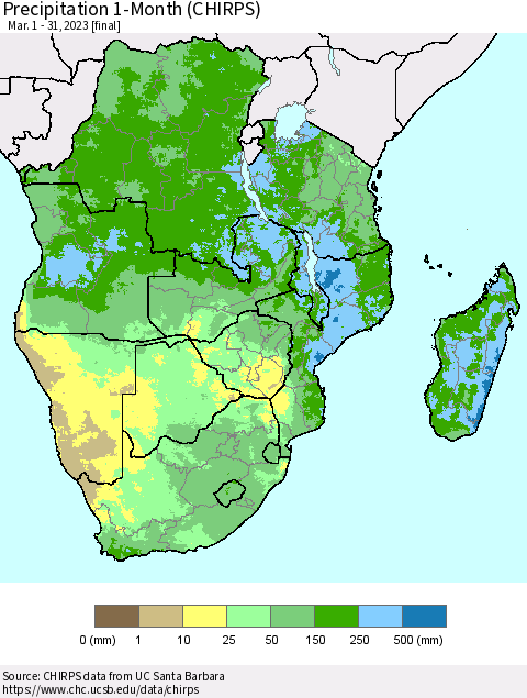 Southern Africa Precipitation 1-Month (CHIRPS) Thematic Map For 3/1/2023 - 3/31/2023