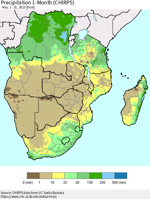 Southern Africa Precipitation 1-Month (CHIRPS) Thematic Map For 5/1/2023 - 5/31/2023