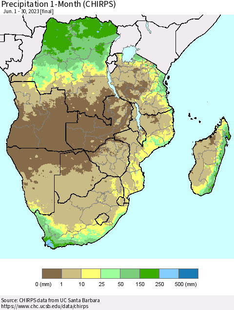Southern Africa Precipitation 1-Month (CHIRPS) Thematic Map For 6/1/2023 - 6/30/2023