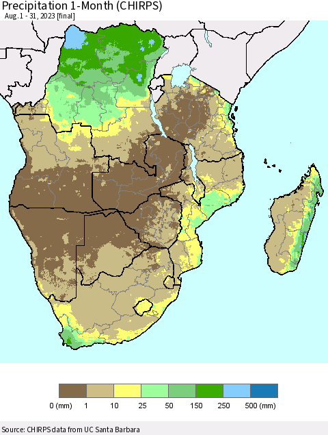 Southern Africa Precipitation 1-Month (CHIRPS) Thematic Map For 8/1/2023 - 8/31/2023