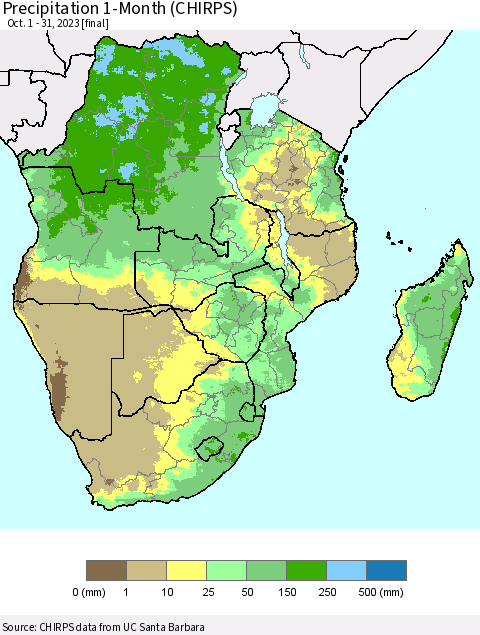 Southern Africa Precipitation 1-Month (CHIRPS) Thematic Map For 10/1/2023 - 10/31/2023