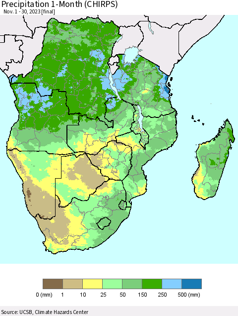 Southern Africa Precipitation 1-Month (CHIRPS) Thematic Map For 11/1/2023 - 11/30/2023