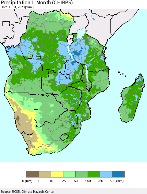 Southern Africa Precipitation 1-Month (CHIRPS) Thematic Map For 12/1/2023 - 12/31/2023
