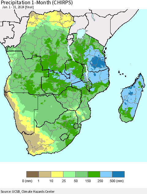 Southern Africa Precipitation 1-Month (CHIRPS) Thematic Map For 1/1/2024 - 1/31/2024