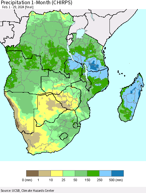 Southern Africa Precipitation 1-Month (CHIRPS) Thematic Map For 2/1/2024 - 2/29/2024