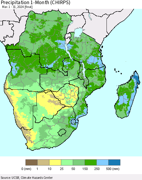 Southern Africa Precipitation 1-Month (CHIRPS) Thematic Map For 3/1/2024 - 3/31/2024