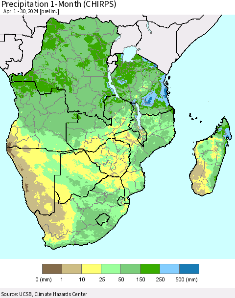 Southern Africa Precipitation 1-Month (CHIRPS) Thematic Map For 4/1/2024 - 4/30/2024