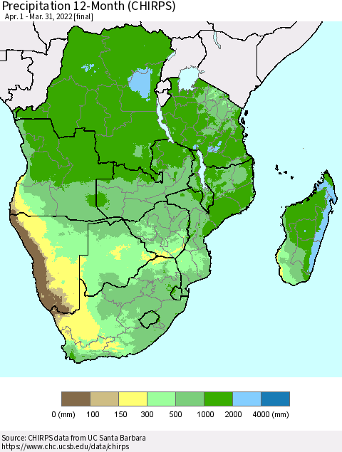 Southern Africa Precipitation 12-Month (CHIRPS) Thematic Map For 4/1/2021 - 3/31/2022