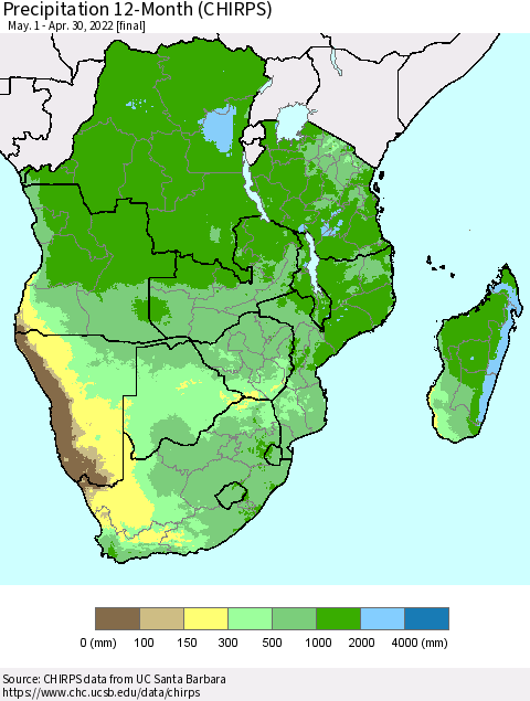 Southern Africa Precipitation 12-Month (CHIRPS) Thematic Map For 5/1/2021 - 4/30/2022