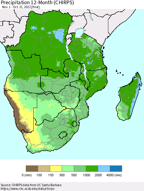 Southern Africa Precipitation 12-Month (CHIRPS) Thematic Map For 11/1/2021 - 10/31/2022