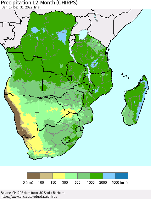 Southern Africa Precipitation 12-Month (CHIRPS) Thematic Map For 1/1/2022 - 12/31/2022