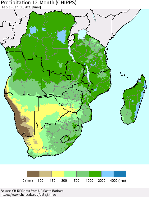 Southern Africa Precipitation 12-Month (CHIRPS) Thematic Map For 2/1/2022 - 1/31/2023
