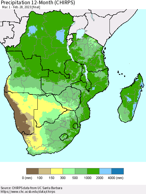 Southern Africa Precipitation 12-Month (CHIRPS) Thematic Map For 3/1/2022 - 2/28/2023