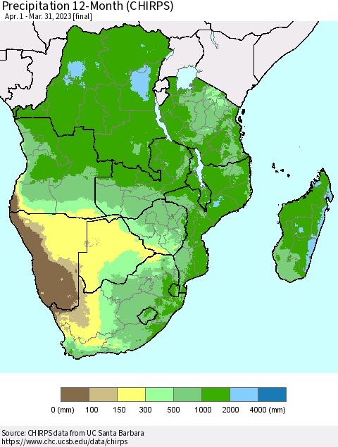 Southern Africa Precipitation 12-Month (CHIRPS) Thematic Map For 4/1/2022 - 3/31/2023