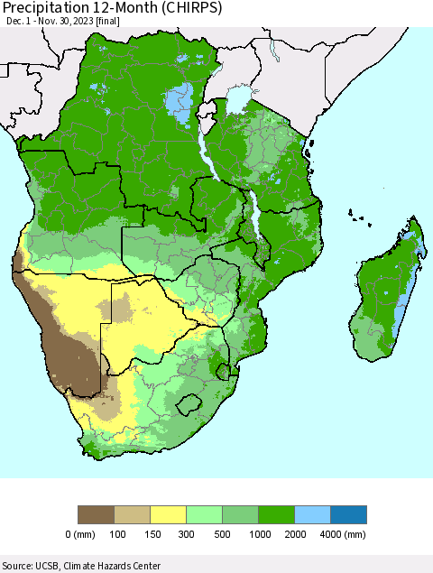 Southern Africa Precipitation 12-Month (CHIRPS) Thematic Map For 12/1/2022 - 11/30/2023