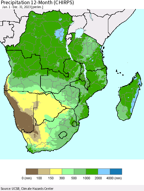 Southern Africa Precipitation 12-Month (CHIRPS) Thematic Map For 1/1/2023 - 12/31/2023