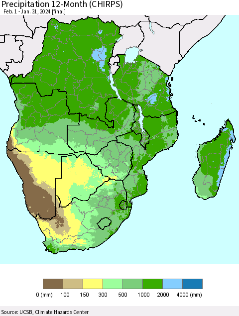 Southern Africa Precipitation 12-Month (CHIRPS) Thematic Map For 2/1/2023 - 1/31/2024