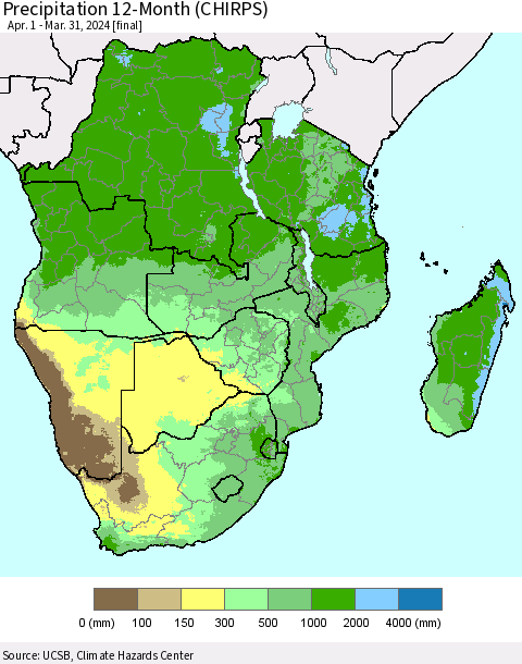 Southern Africa Precipitation 12-Month (CHIRPS) Thematic Map For 4/1/2023 - 3/31/2024