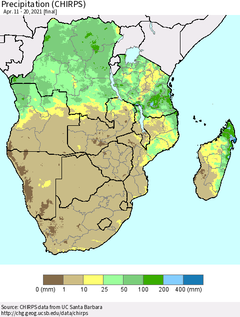 Southern Africa Precipitation (CHIRPS) Thematic Map For 4/11/2021 - 4/20/2021