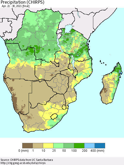 Southern Africa Precipitation (CHIRPS) Thematic Map For 4/21/2021 - 4/30/2021