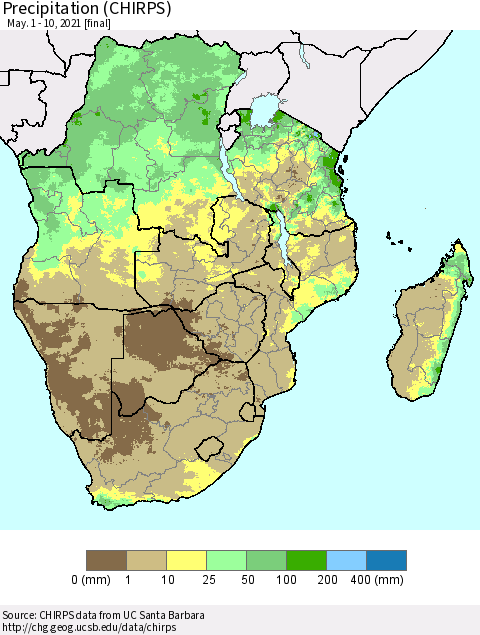 Southern Africa Precipitation (CHIRPS) Thematic Map For 5/1/2021 - 5/10/2021