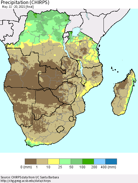 Southern Africa Precipitation (CHIRPS) Thematic Map For 5/11/2021 - 5/20/2021