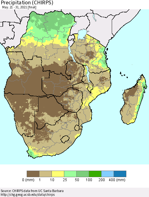 Southern Africa Precipitation (CHIRPS) Thematic Map For 5/21/2021 - 5/31/2021