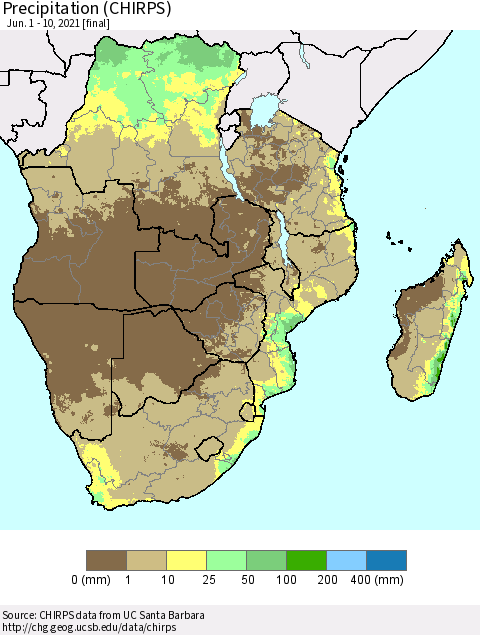 Southern Africa Precipitation (CHIRPS) Thematic Map For 6/1/2021 - 6/10/2021