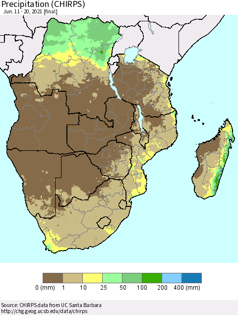 Southern Africa Precipitation (CHIRPS) Thematic Map For 6/11/2021 - 6/20/2021