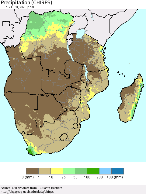 Southern Africa Precipitation (CHIRPS) Thematic Map For 6/21/2021 - 6/30/2021