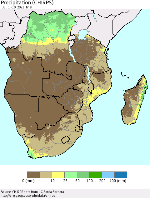 Southern Africa Precipitation (CHIRPS) Thematic Map For 7/1/2021 - 7/10/2021