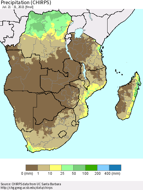Southern Africa Precipitation (CHIRPS) Thematic Map For 7/21/2021 - 7/31/2021