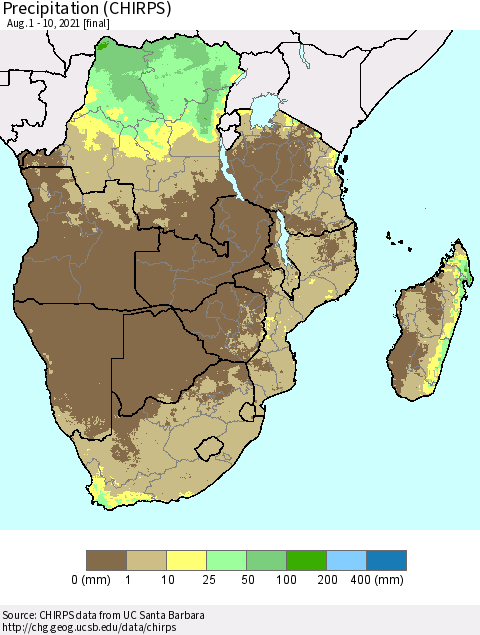 Southern Africa Precipitation (CHIRPS) Thematic Map For 8/1/2021 - 8/10/2021