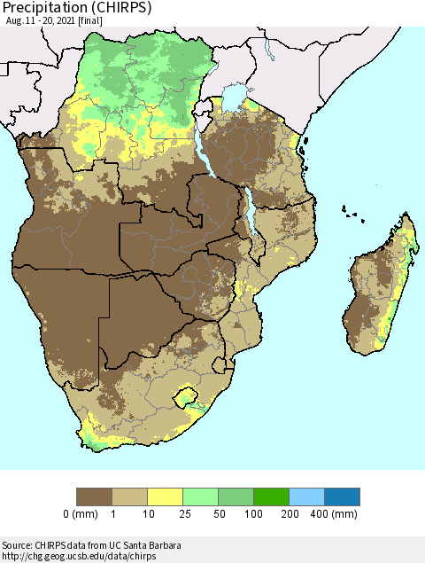 Southern Africa Precipitation (CHIRPS) Thematic Map For 8/11/2021 - 8/20/2021