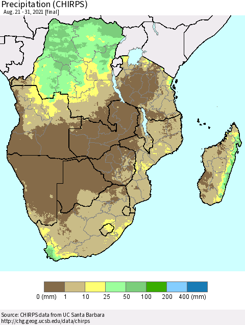 Southern Africa Precipitation (CHIRPS) Thematic Map For 8/21/2021 - 8/31/2021