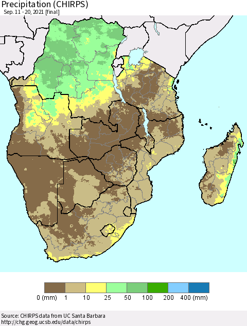 Southern Africa Precipitation (CHIRPS) Thematic Map For 9/11/2021 - 9/20/2021