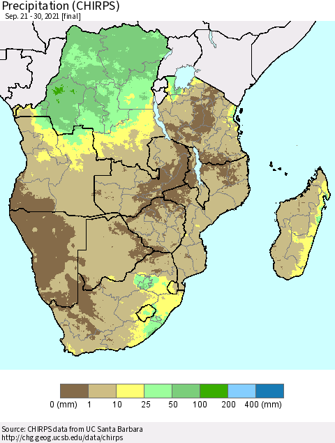 Southern Africa Precipitation (CHIRPS) Thematic Map For 9/21/2021 - 9/30/2021