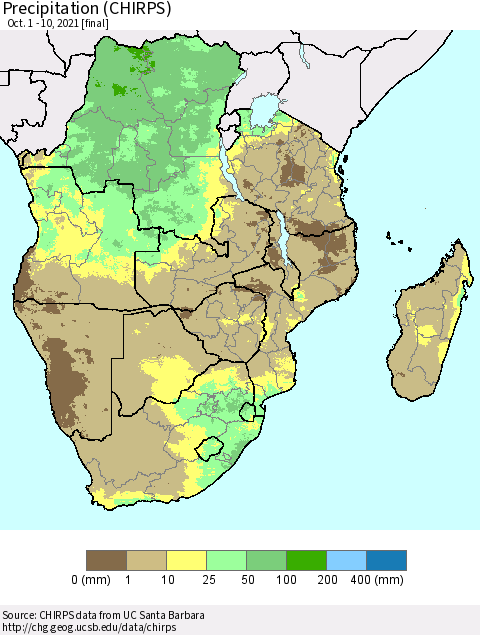 Southern Africa Precipitation (CHIRPS) Thematic Map For 10/1/2021 - 10/10/2021