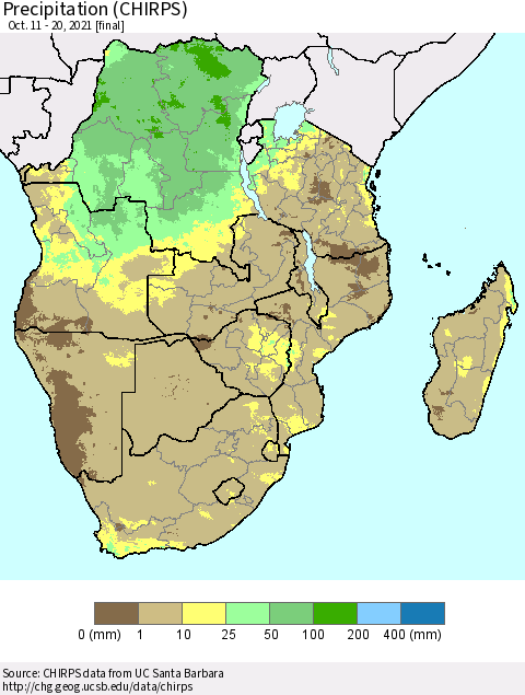 Southern Africa Precipitation (CHIRPS) Thematic Map For 10/11/2021 - 10/20/2021