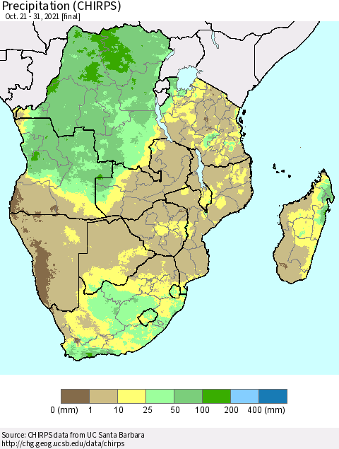 Southern Africa Precipitation (CHIRPS) Thematic Map For 10/21/2021 - 10/31/2021