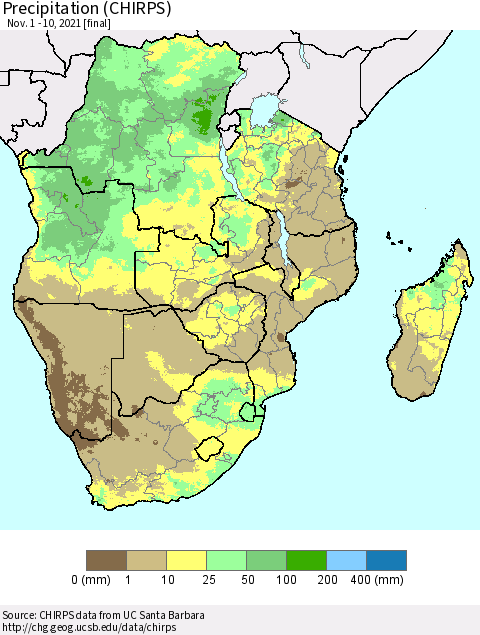 Southern Africa Precipitation (CHIRPS) Thematic Map For 11/1/2021 - 11/10/2021