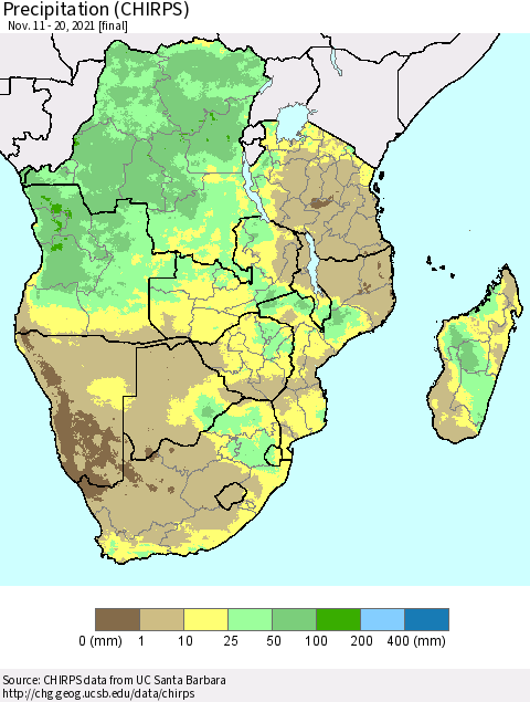 Southern Africa Precipitation (CHIRPS) Thematic Map For 11/11/2021 - 11/20/2021