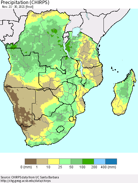 Southern Africa Precipitation (CHIRPS) Thematic Map For 11/21/2021 - 11/30/2021