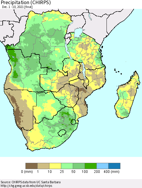 Southern Africa Precipitation (CHIRPS) Thematic Map For 12/1/2021 - 12/10/2021